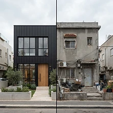 บ้านชั้นล่างในเมือง — ภาพเรนเดอร์รีโนเวทบ้าน - ภายนอก: ภาพแบ่งสองฝั่ง ฝั่งหนึ่งคือก่อน อีกฝั่งคือภาพจำลอง AI หลังปรับปรุง