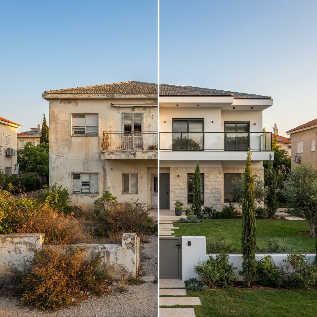 Two-story villa — Home Renovation Renderings - Exterior: split image, before on one side and the AI visualization after on the other