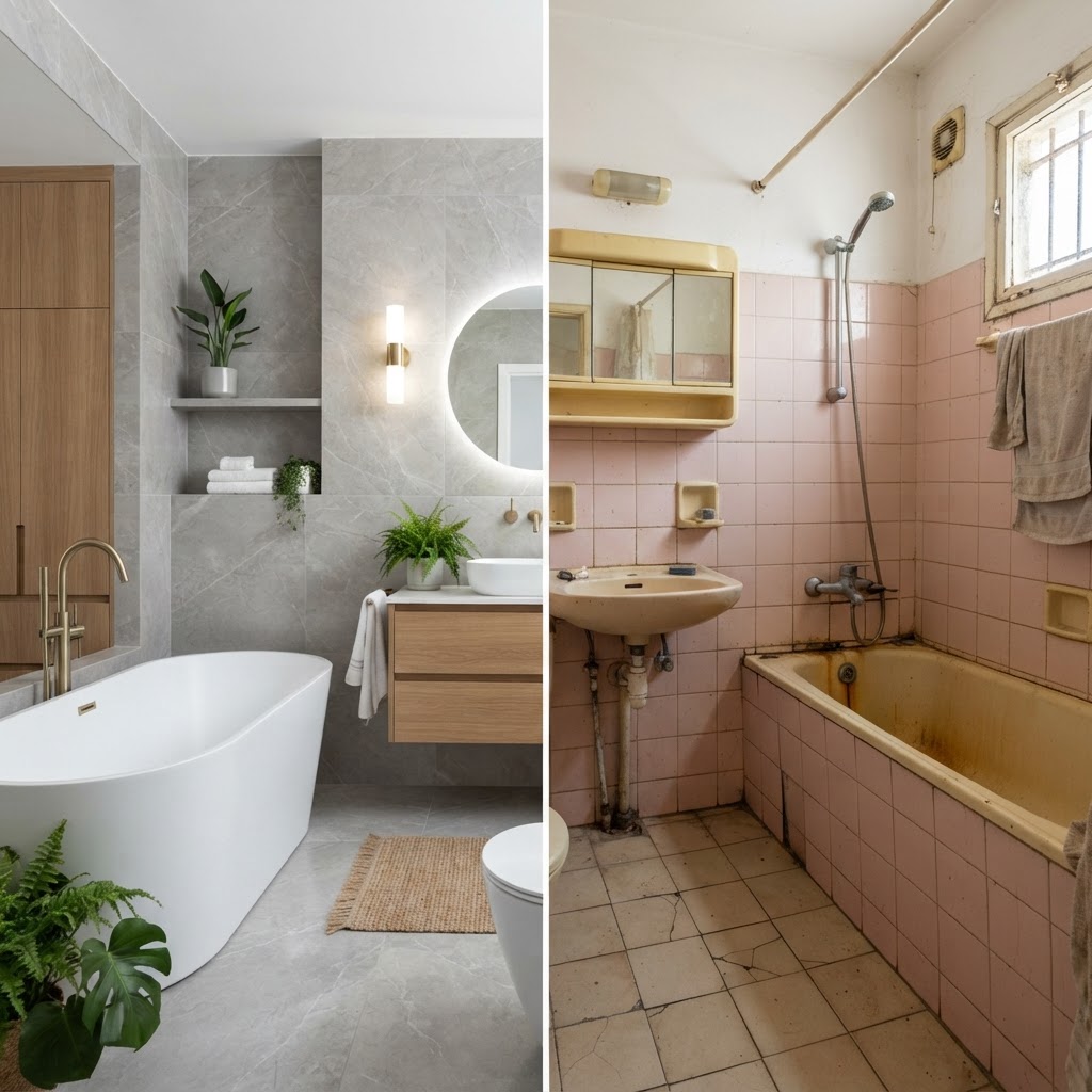 Bathroom — Home Renovation Renderings - Interior: split image, before on one side and the AI visualization after on the other
