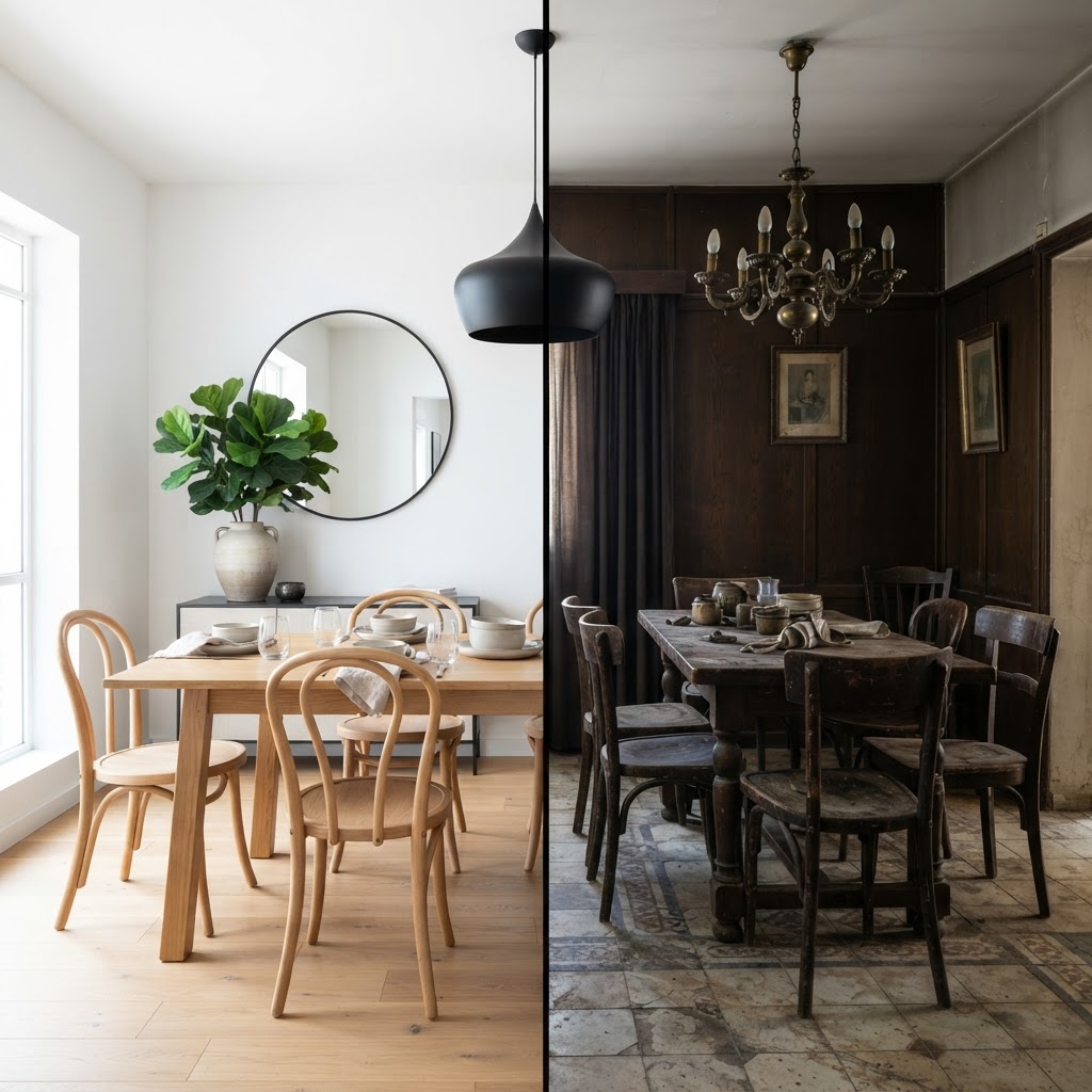 Dining area — Home Renovation Renderings - Interior: split image, before on one side and the AI visualization after on the other