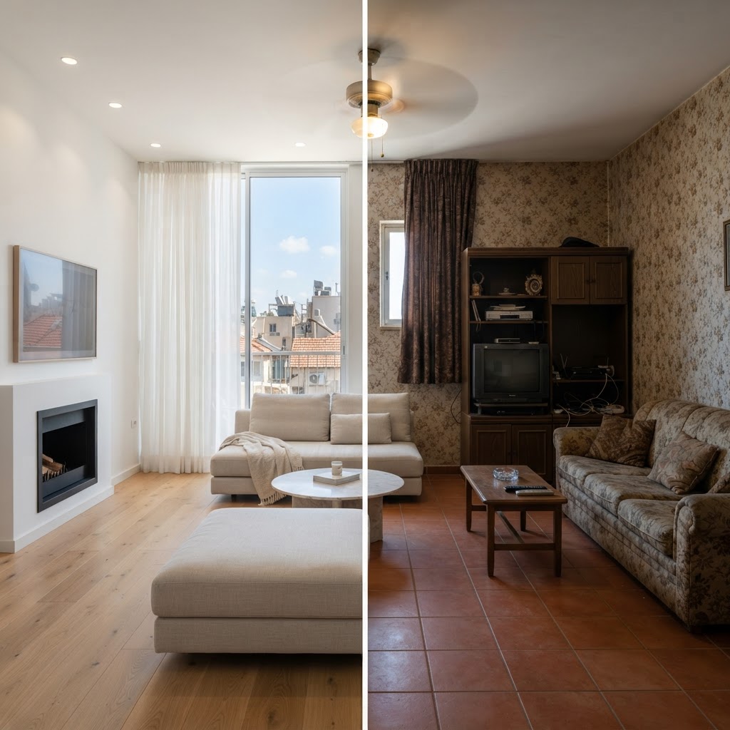 Interior: a living room before and after (ArchHomeAI)
