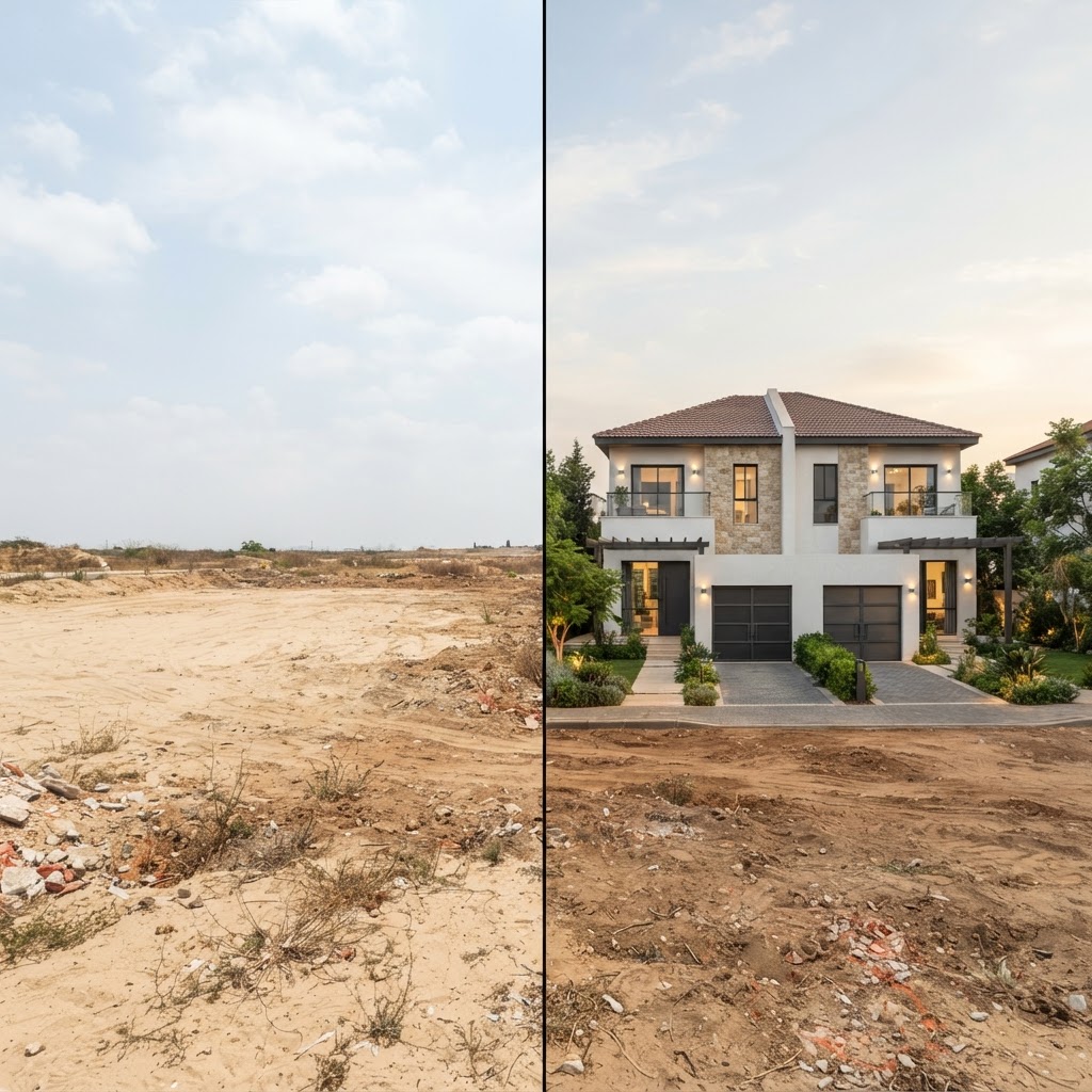 Duplex house — New Construction Renderings - Exterior: split image, before on one side and the AI visualization after on the other