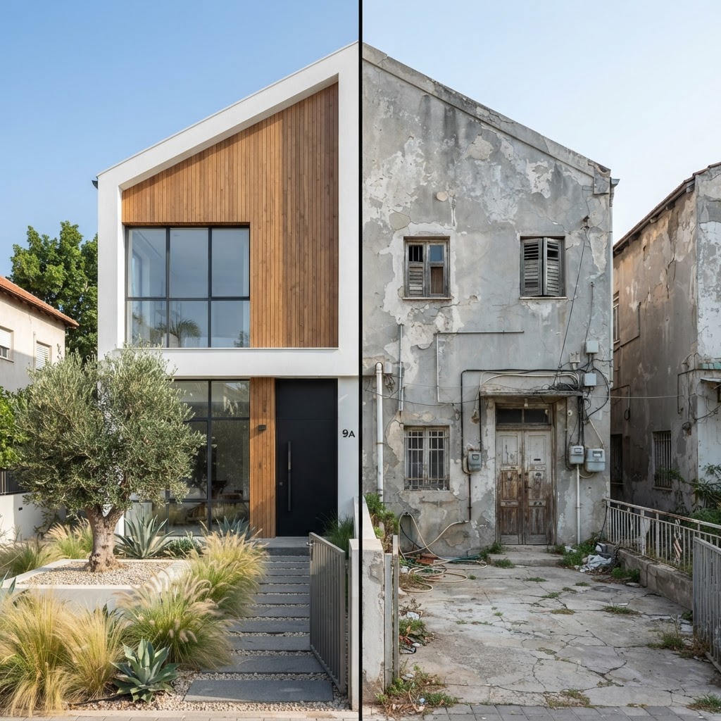 Duplex house — Home Renovation Renderings - Exterior: split image, before on one side and the AI visualization after on the other