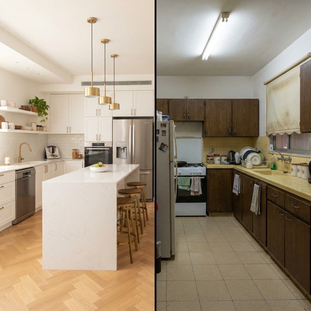 Interior: a kitchen before and after (ArchHomeAI)