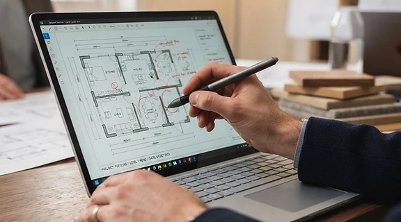 Hands reviewing renovation plans on a laptop