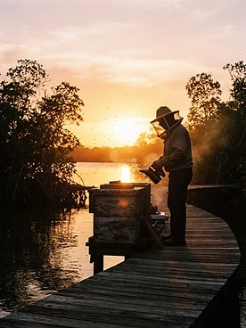 A beekeeper silhouetted against the golden sun over a mangrove estuary in Apollo Beach