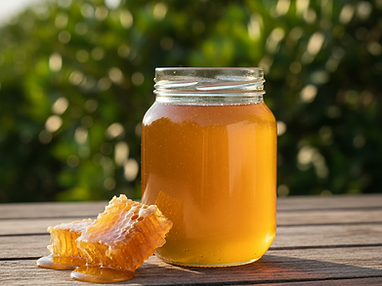 A glass jar of amber honey beside pieces of raw honeycomb on weathered wood