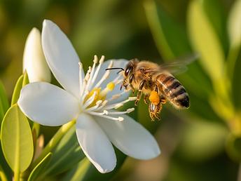 Extreme close-up of a honeybee on a white mangrove blossom in golden light
