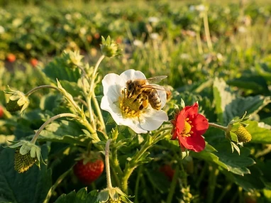 A honeybee collecting pollen from a white strawberry blossom beside a red strawberry flower