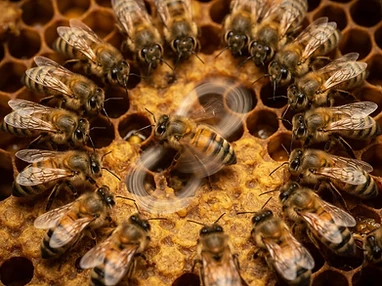 Honeybees arranged in a circle on a honeycomb around a bee performing the waggle dance