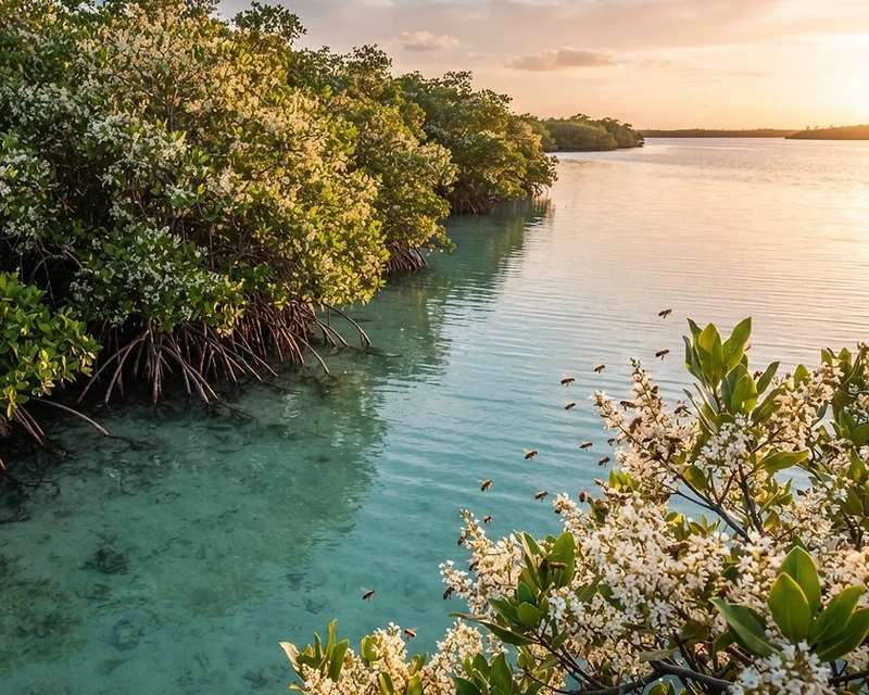 Turquoise ocean coastline with mangrove trees in bloom and honey bees pollinating the blossoms at golden hour
