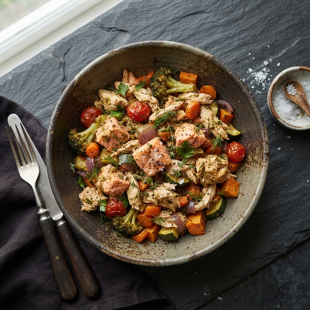 Simple Poached Chicken and Salmon Feast