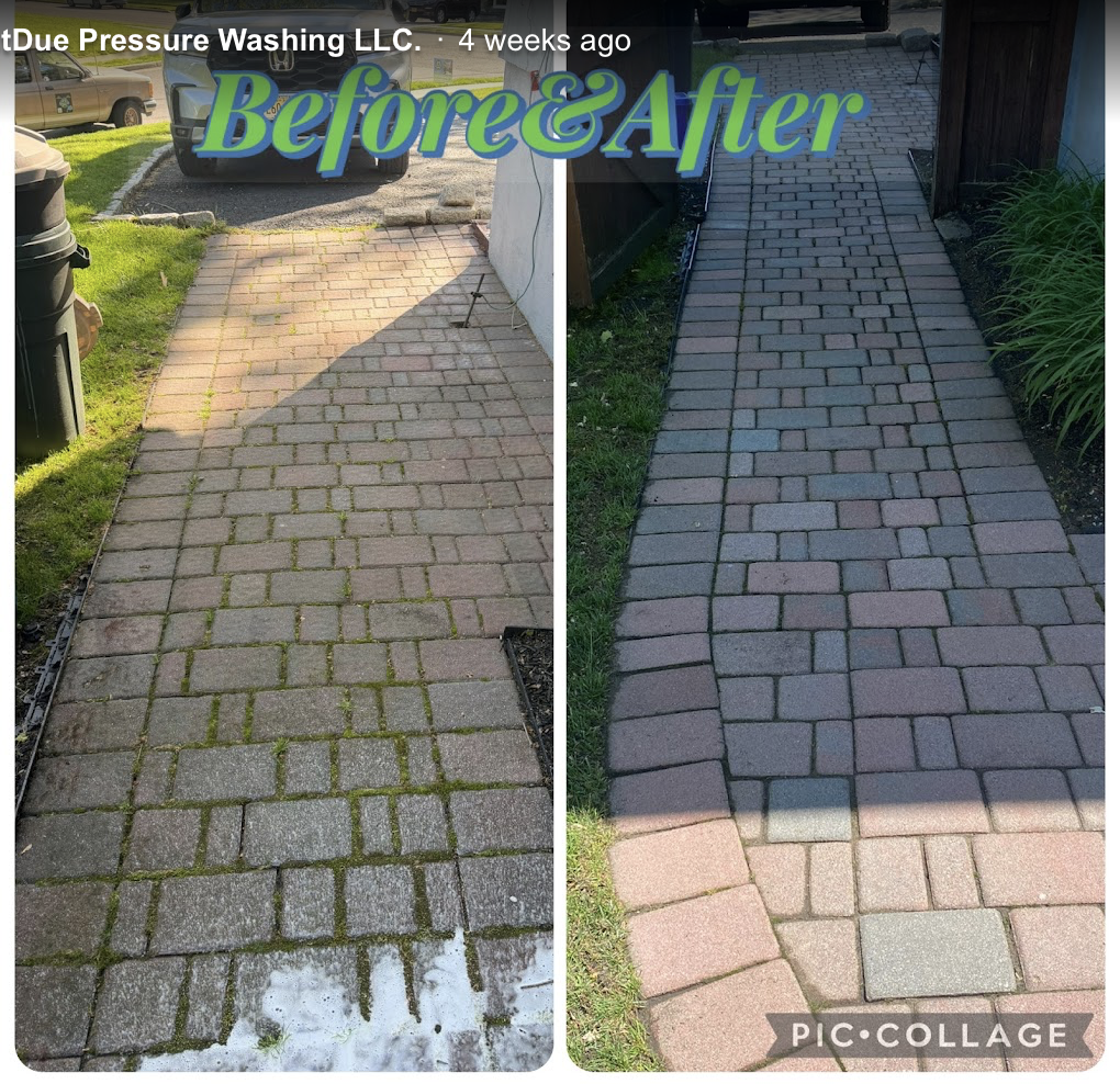 Stone paver walkway before and after pressure washing