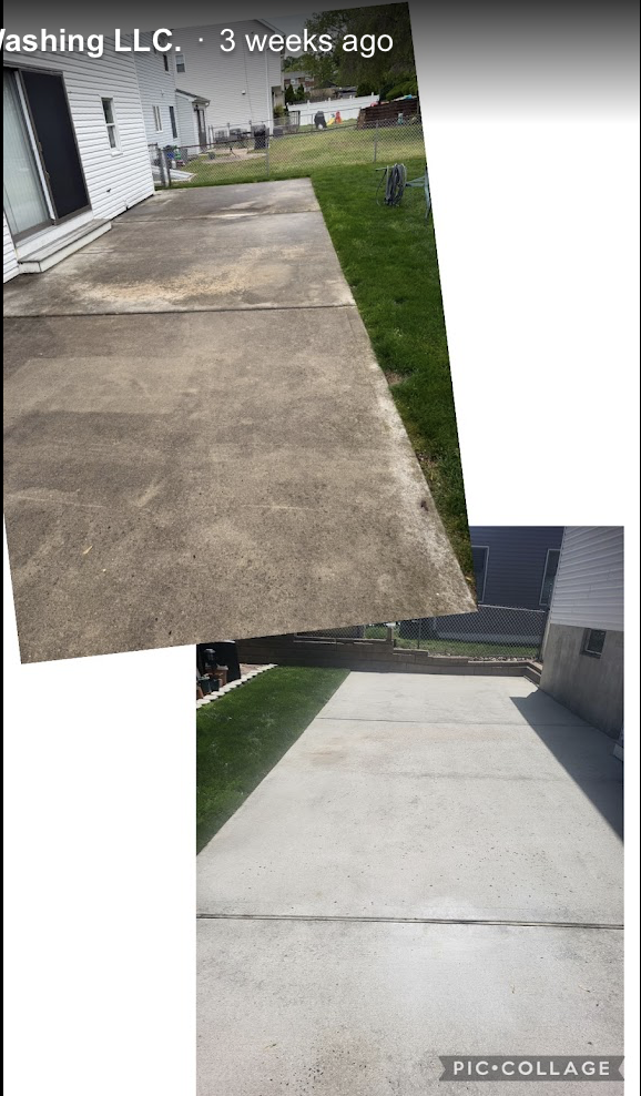 Concrete patio before and after pressure washing
