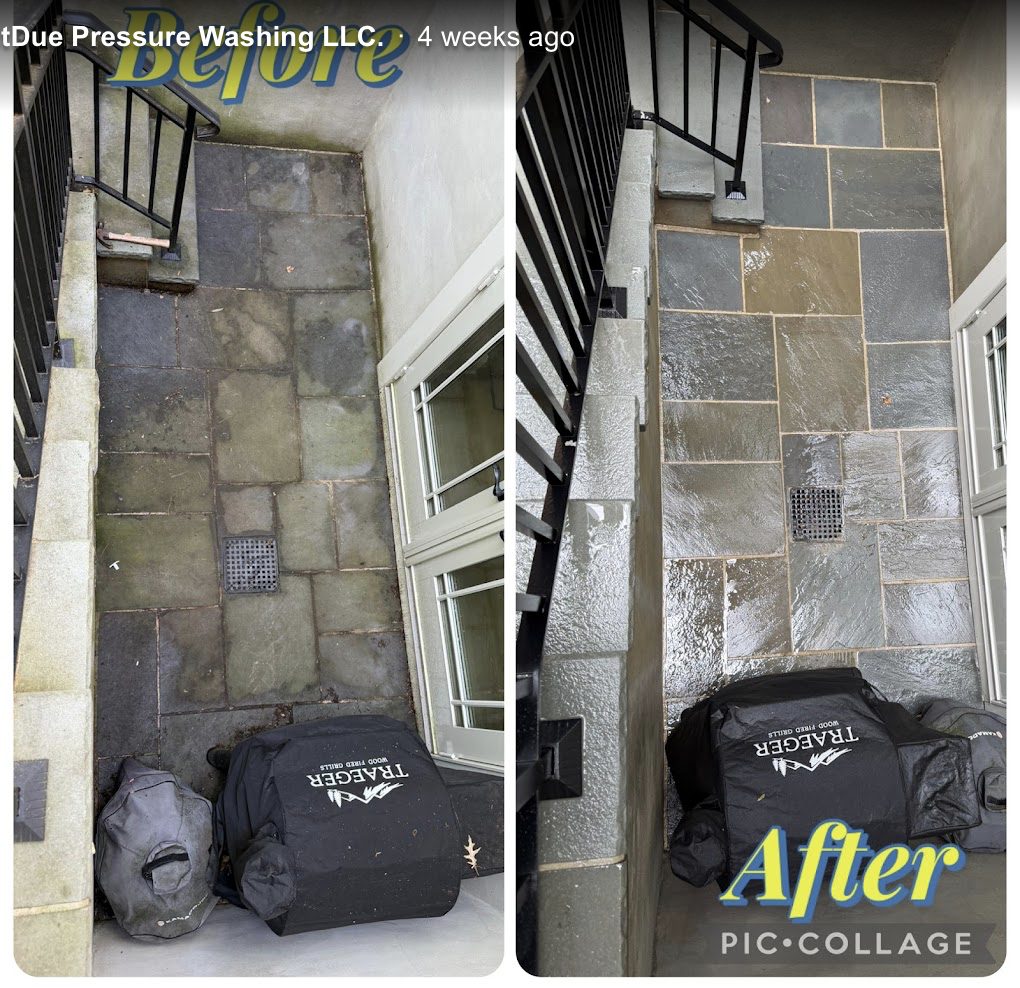 Stone patio before and after pressure washing