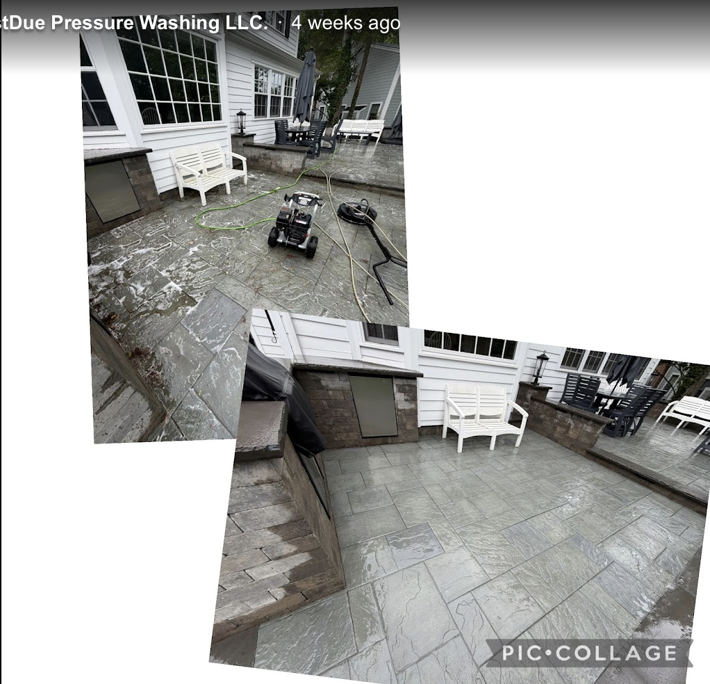 Stone patio with bench before and after pressure washing