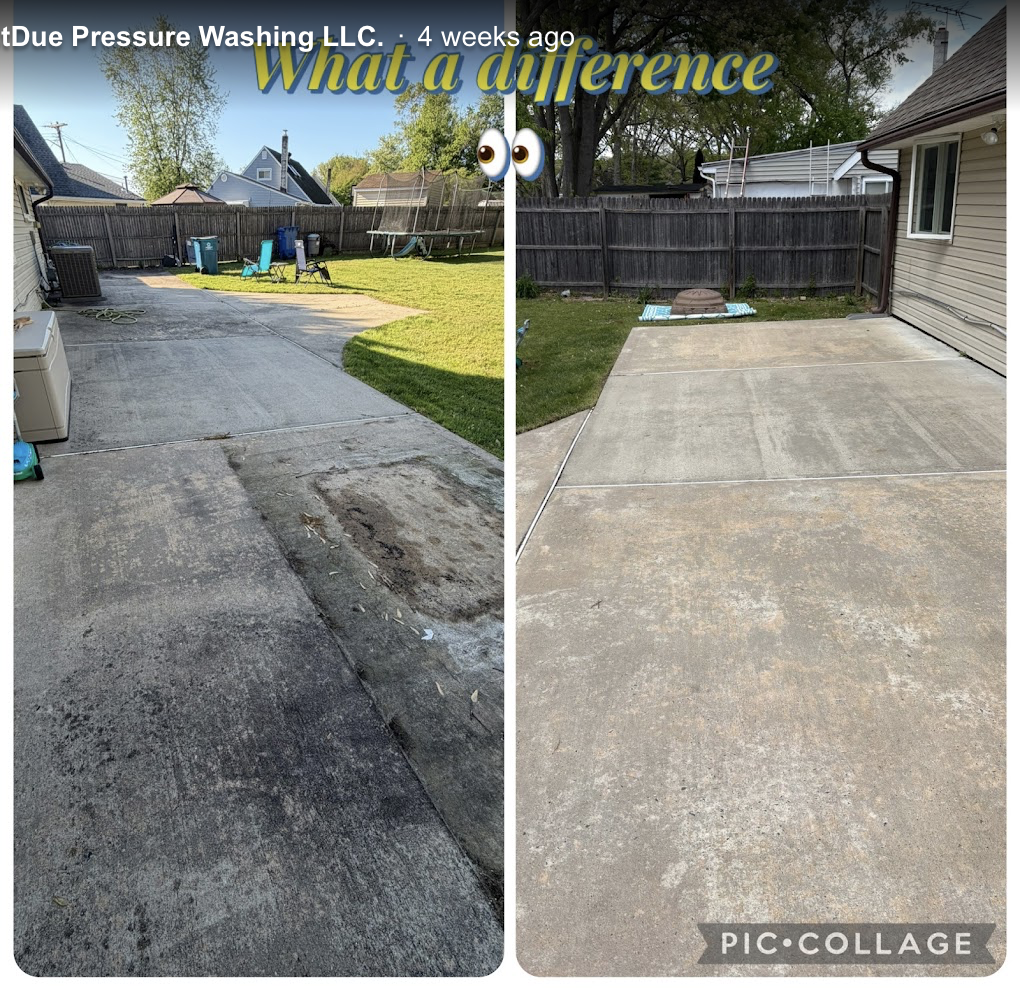 Backyard concrete patio before and after pressure washing