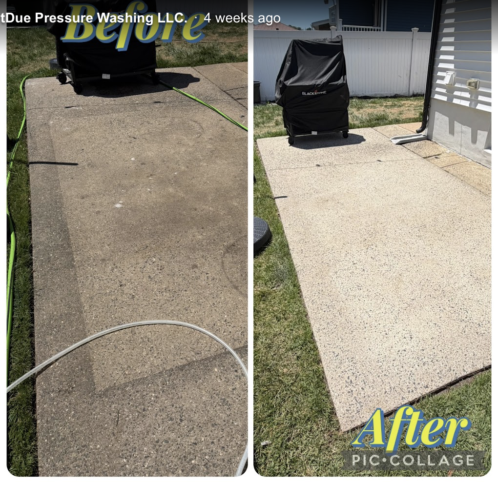 Concrete patio with grill before and after cleaning