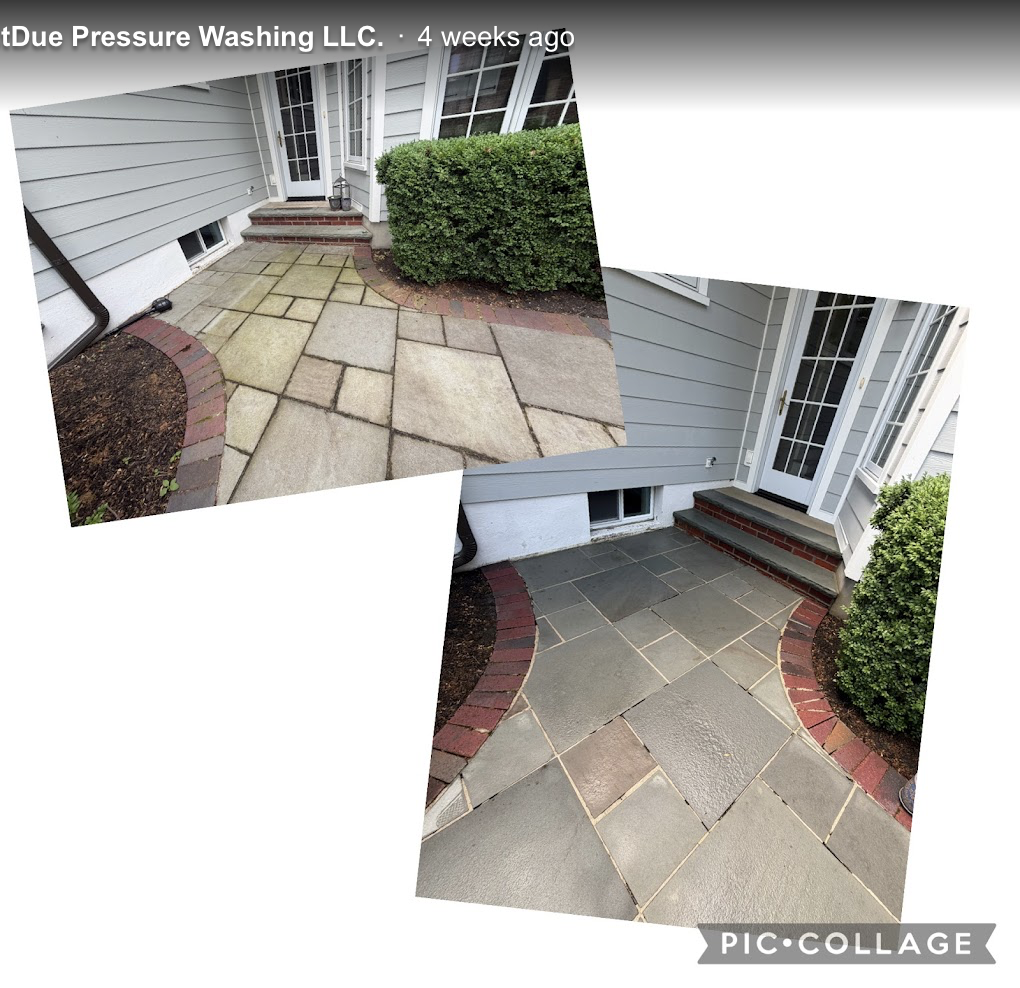 Stone patio beside house before and after cleaning