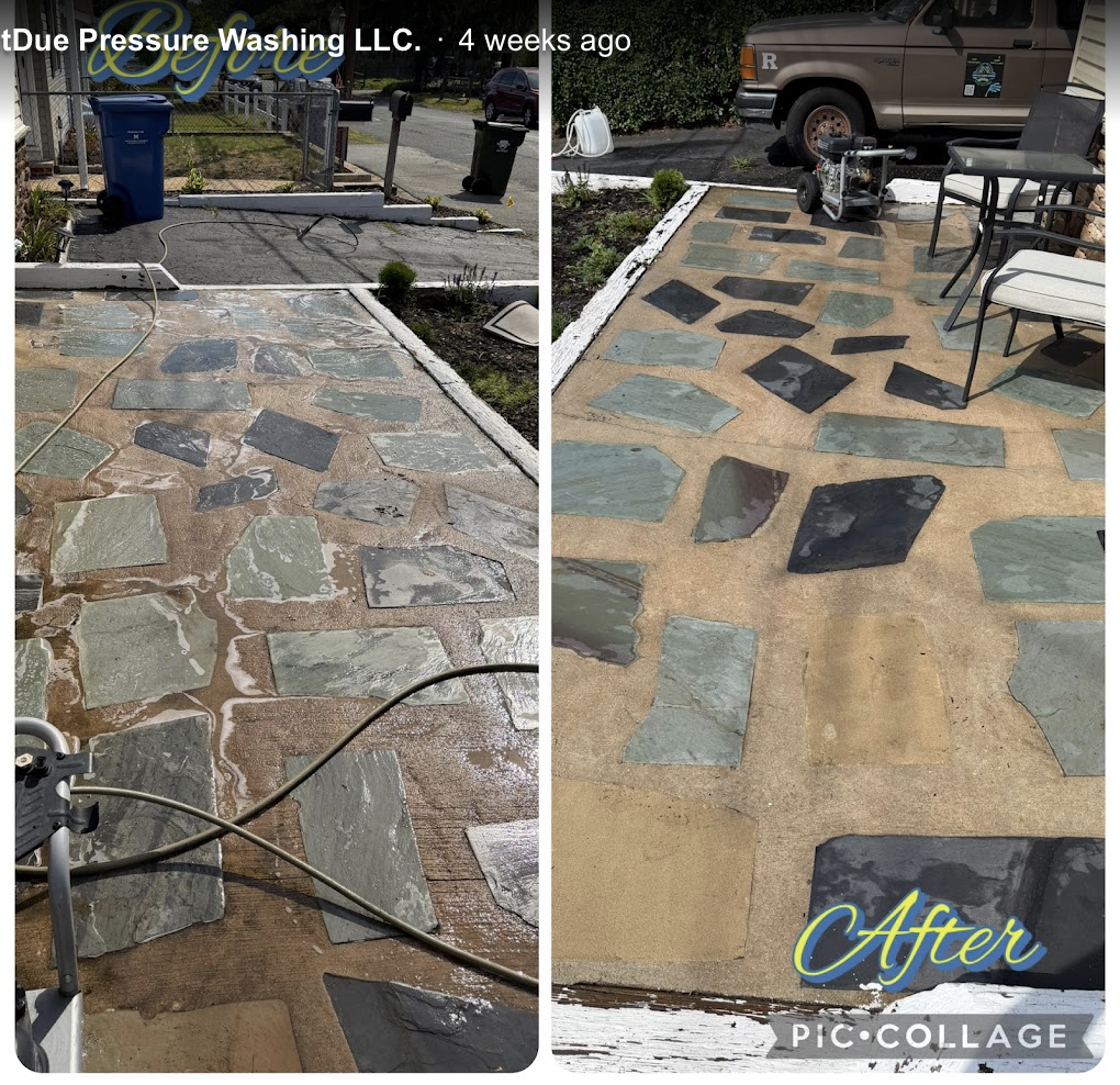 Flagstone patio before and after pressure washing