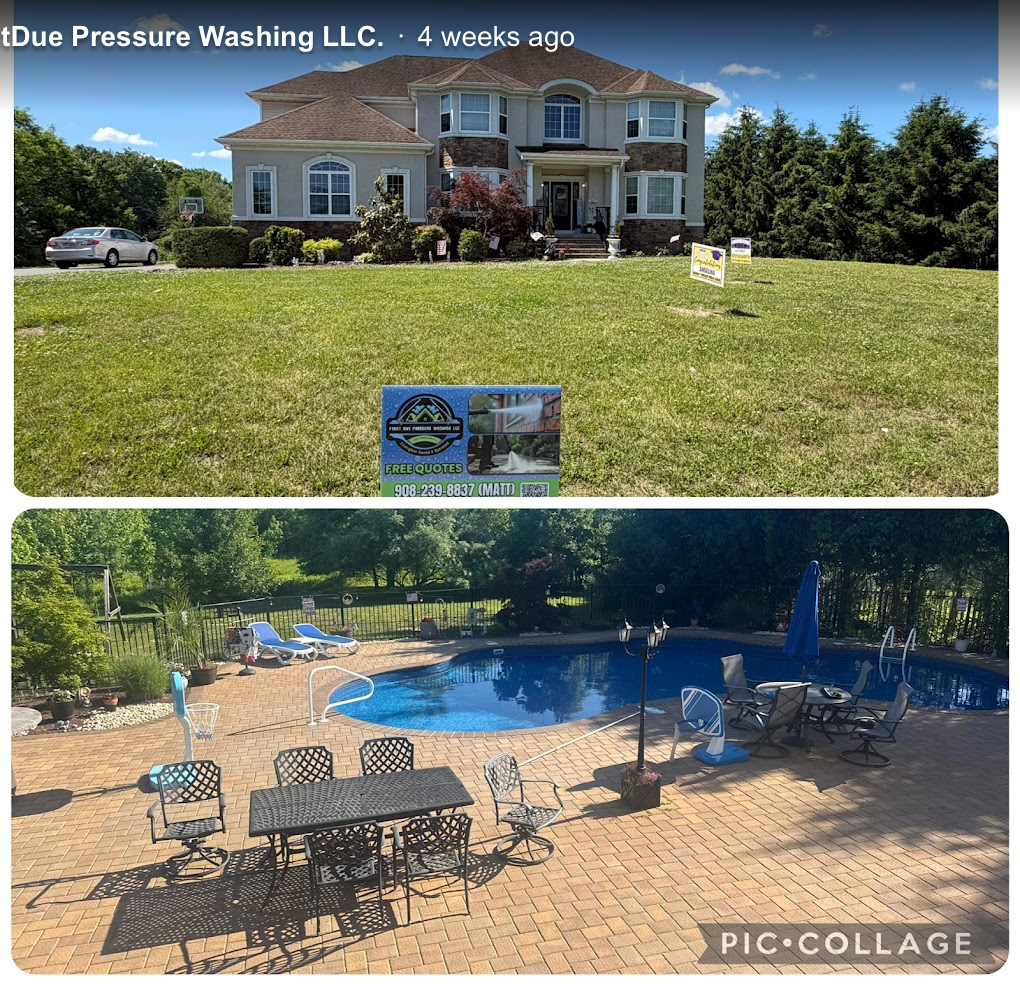 Two-story home and pool deck after pressure washing