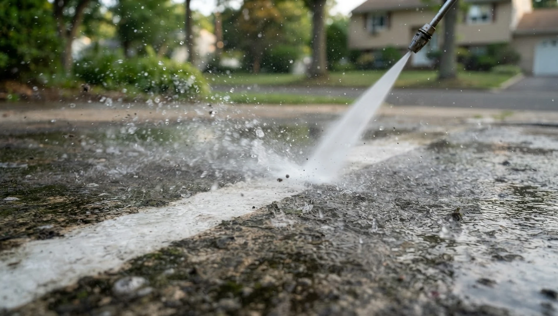 High-pressure water jet cleaning a concrete driveway