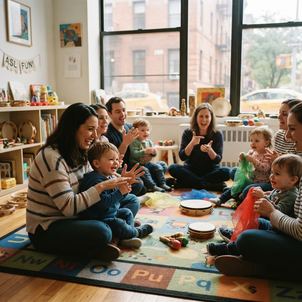 Babble·ASL instructors leading a mixed-age sign language and music class with families seated in a circle on an alphabet rug