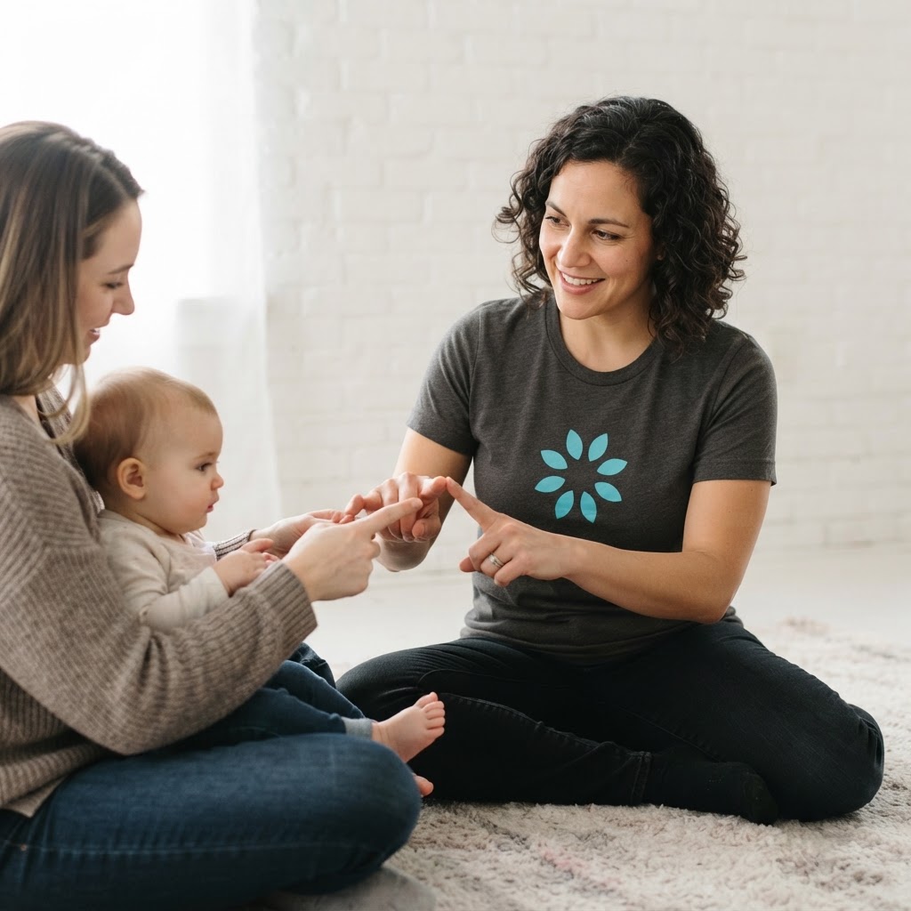 Babble·ASL professional guiding a mother and infant's hands in a bright, clinically aware setting