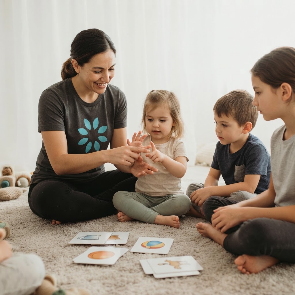 Babble·ASL instructor teaching sign language to children seated on a carpet with illustrated learning cards