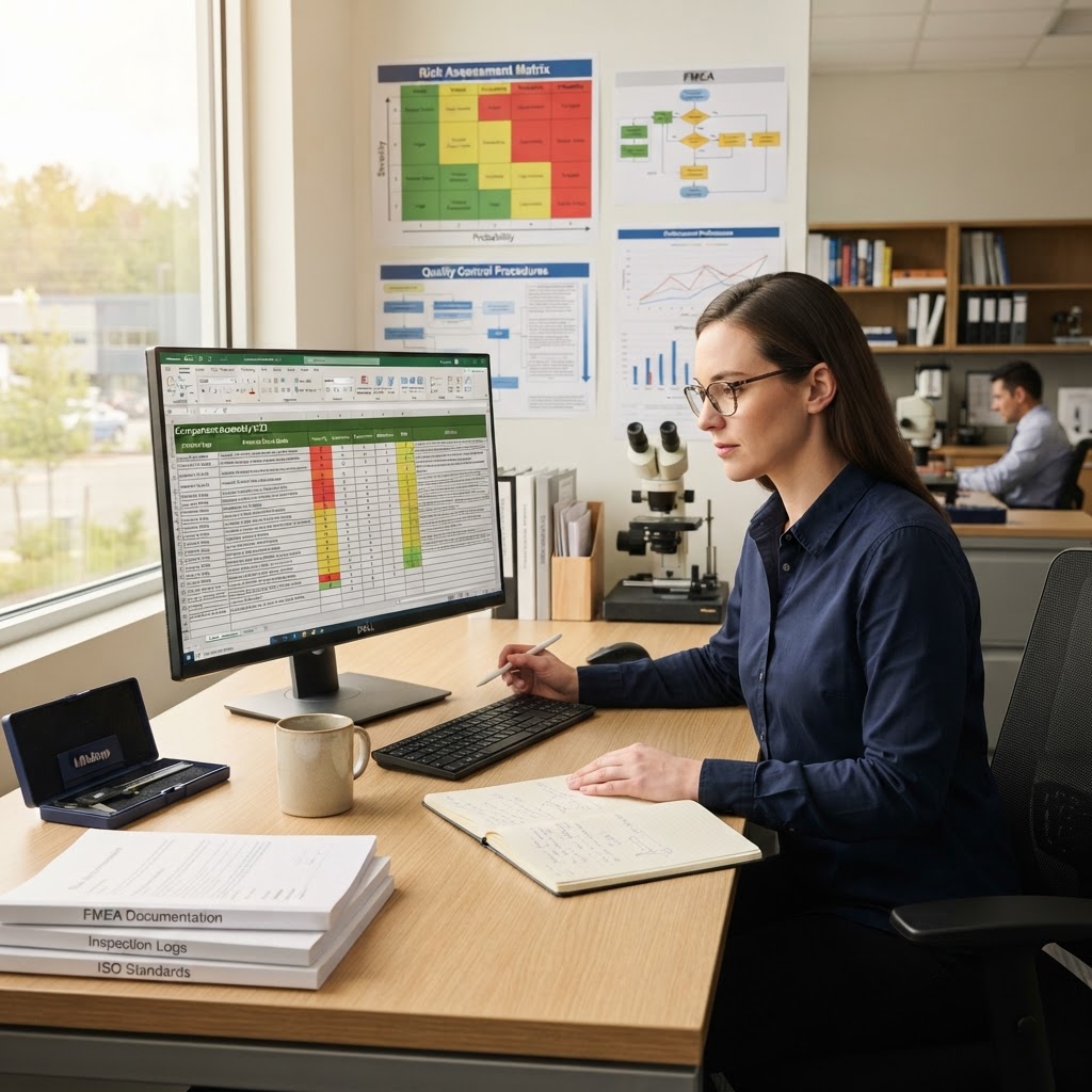 FMEA risk analysis spreadsheet on a monitor in a bright quality control office