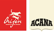 Orijen and Acana brand logos side by side