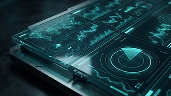 Telemetry interface panels in teal on carbon