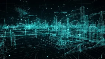 Wireframe skyline with telemetry grid