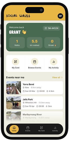 The Social Walks app showing nearby walks on a map