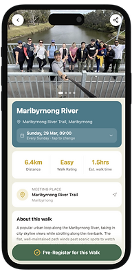 The Social Walks app event detail screen for the Maribyrnong River walk