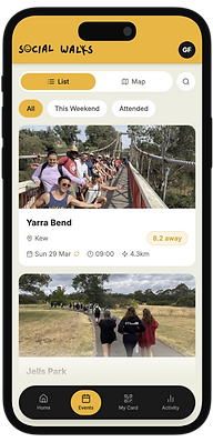 The Social Walks app events list showing upcoming walks