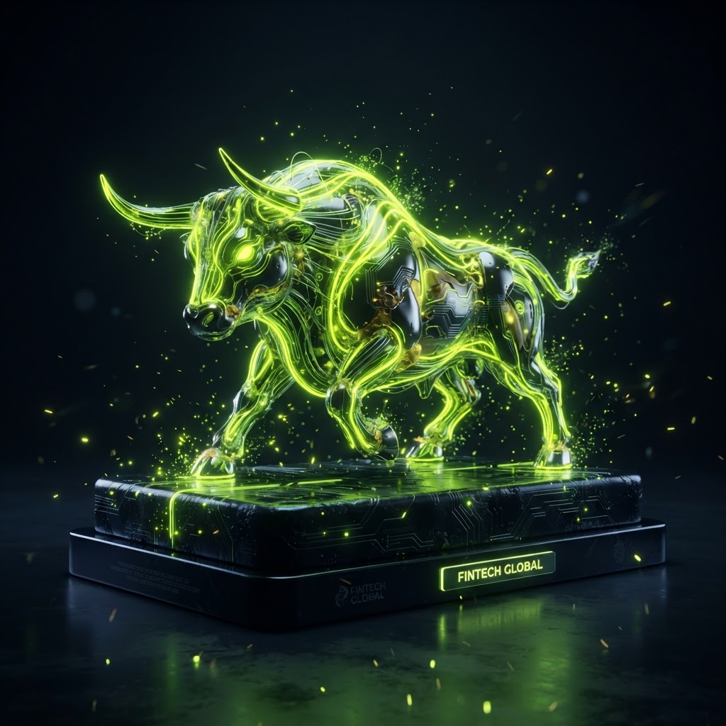 Neon-lit bull sculpture