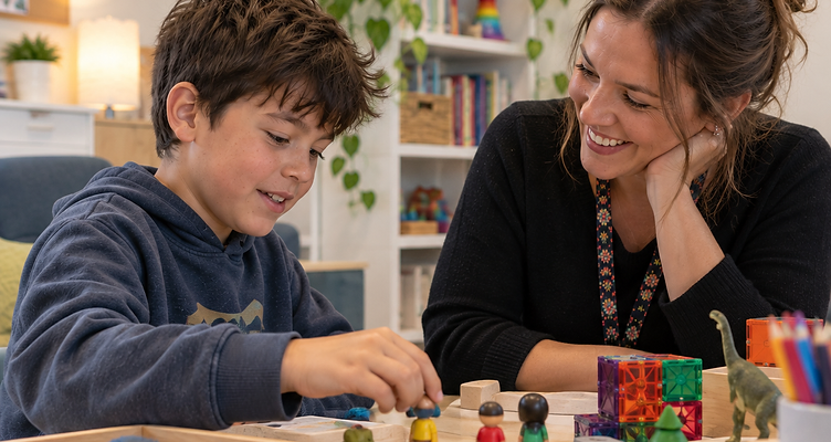 A child psychologist engaging warmly with an older child in a calm, cozy therapy room