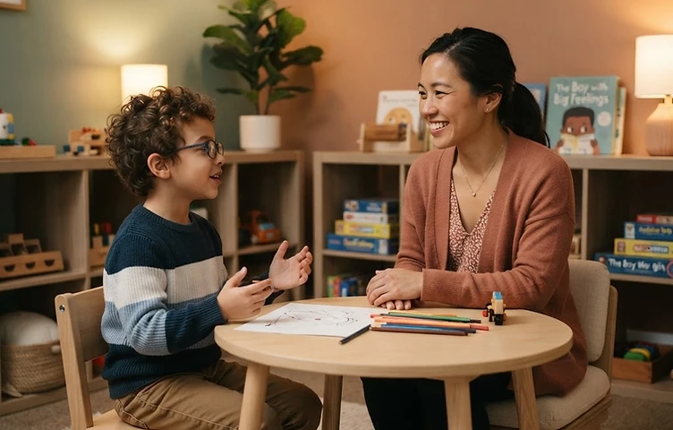 A child psychologist engaging warmly with an older child in a calm, cozy therapy room