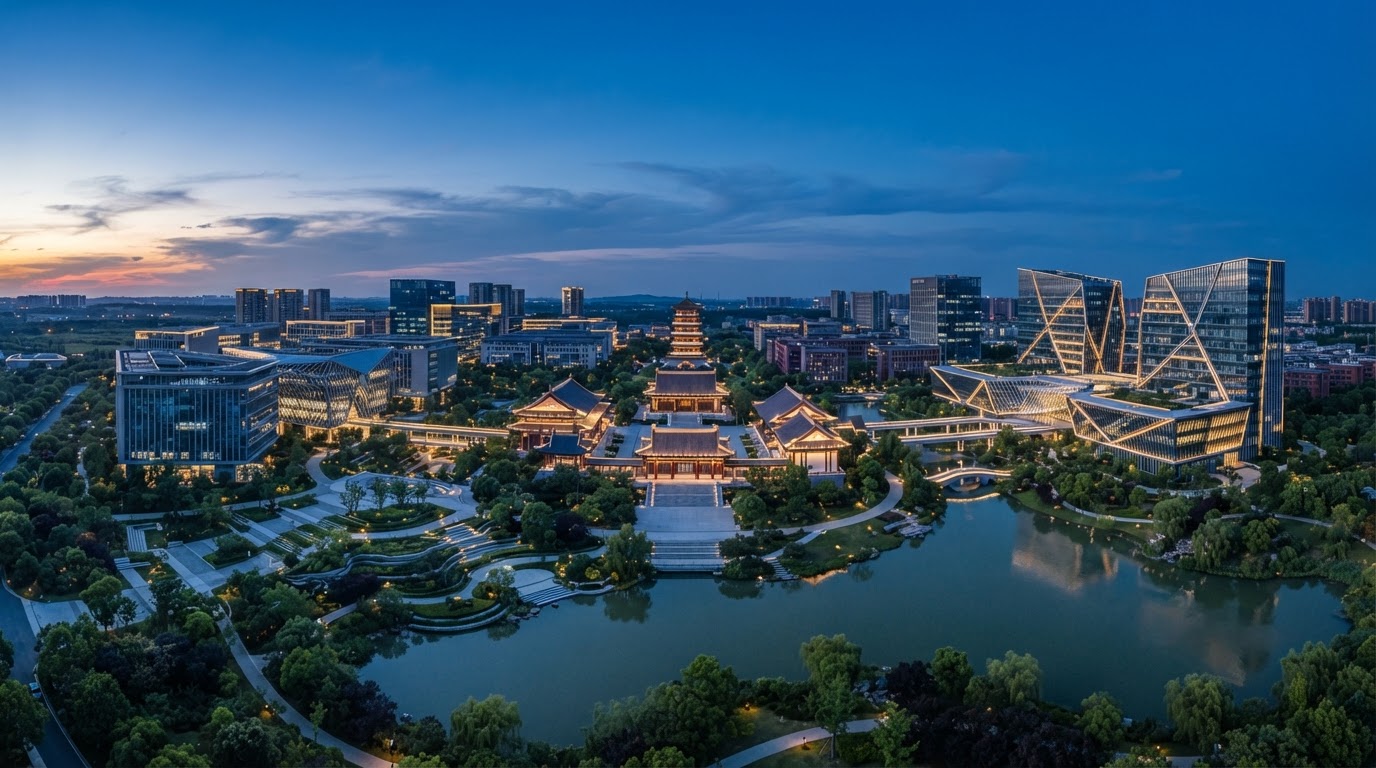 Chinese university campus at blue hour