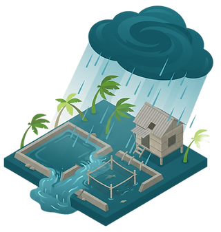 Isometric illustration of a typhoon breaching an open pond aquaculture farm