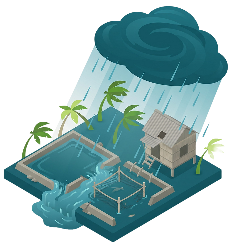 Isometric illustration of a typhoon breaching an open pond aquaculture farm