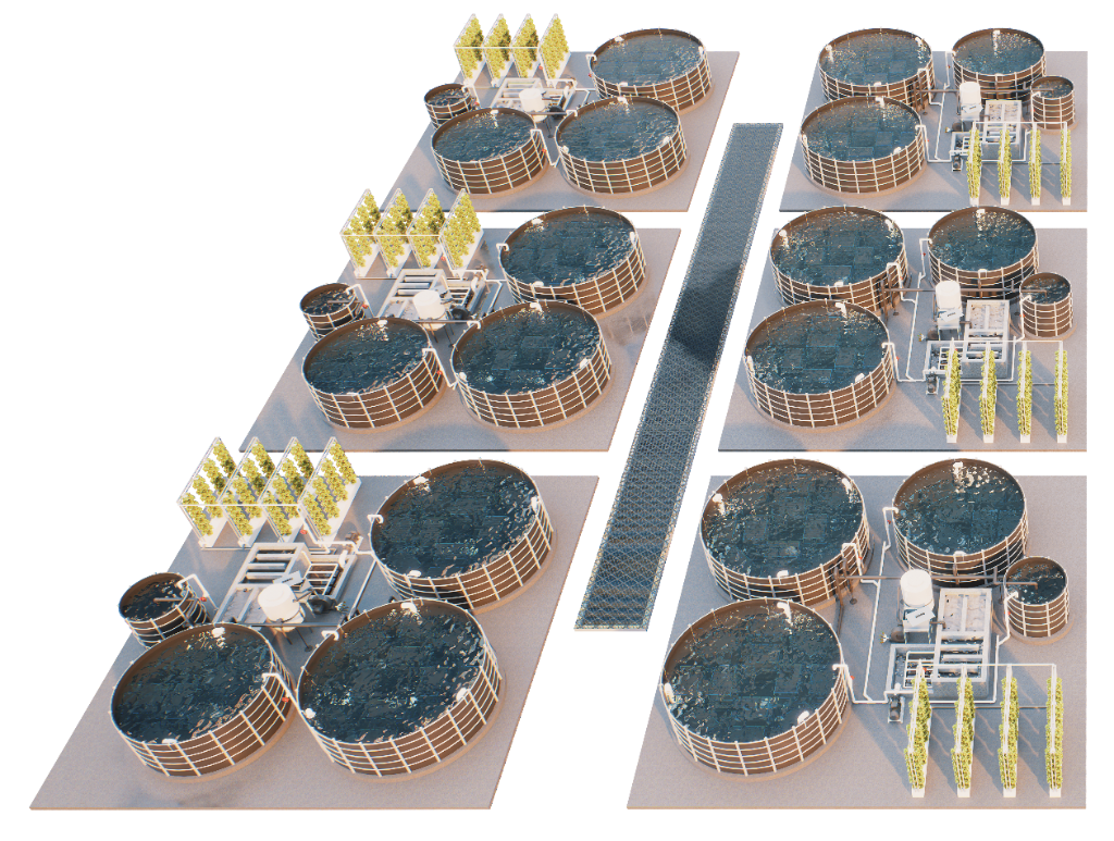 3D render of the GreenClaw Hub — a modular multi-tank aquaculture facility