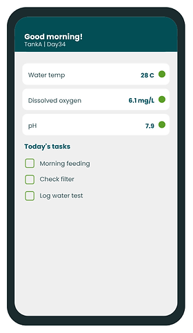Sample screen of the GreenclawHarvest app showing tank readings and today's tasks