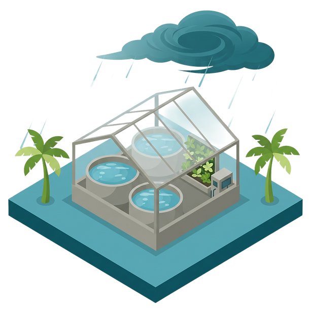 Isometric illustration of a GreenClaw system running through a storm inside a protective enclosure