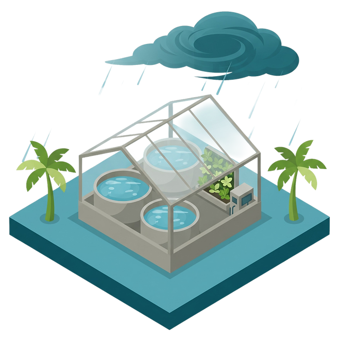 Isometric illustration of a GreenClaw system running through a storm inside a protective enclosure