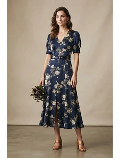 Navy Floral Tea Dress - Luxury Made-to-Order