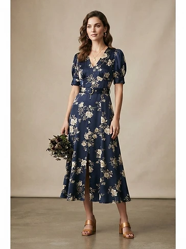 Navy Floral Tea Dress - Luxury Made-to-Order
