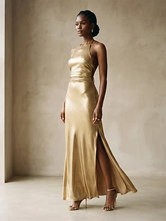 Gold Halter Neck Evening Dress