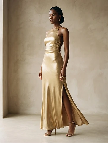 Gold Halter Neck Evening Dress